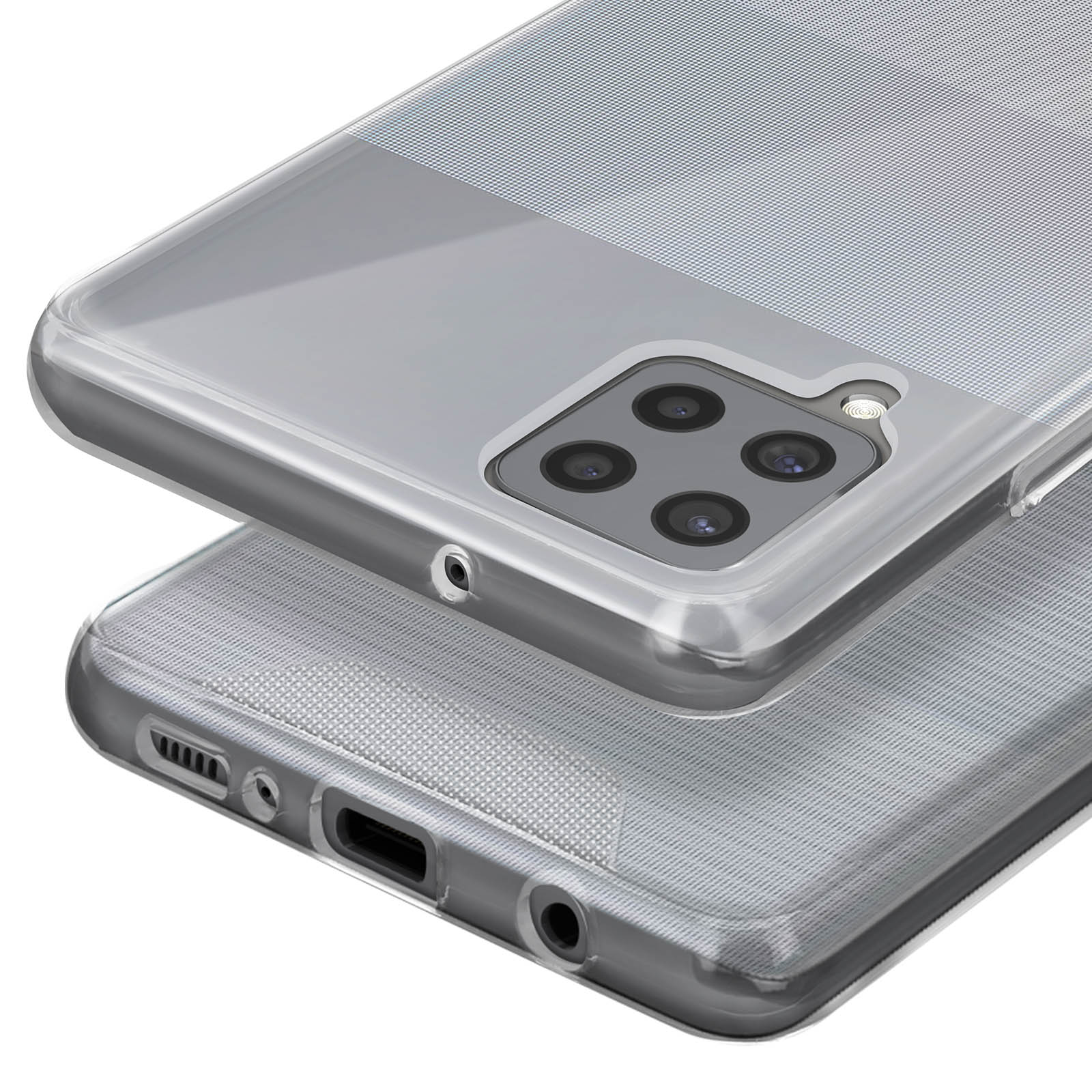 Custodia trasparente per telefono con quadrupla fotocamera e motivo testurizzato.
