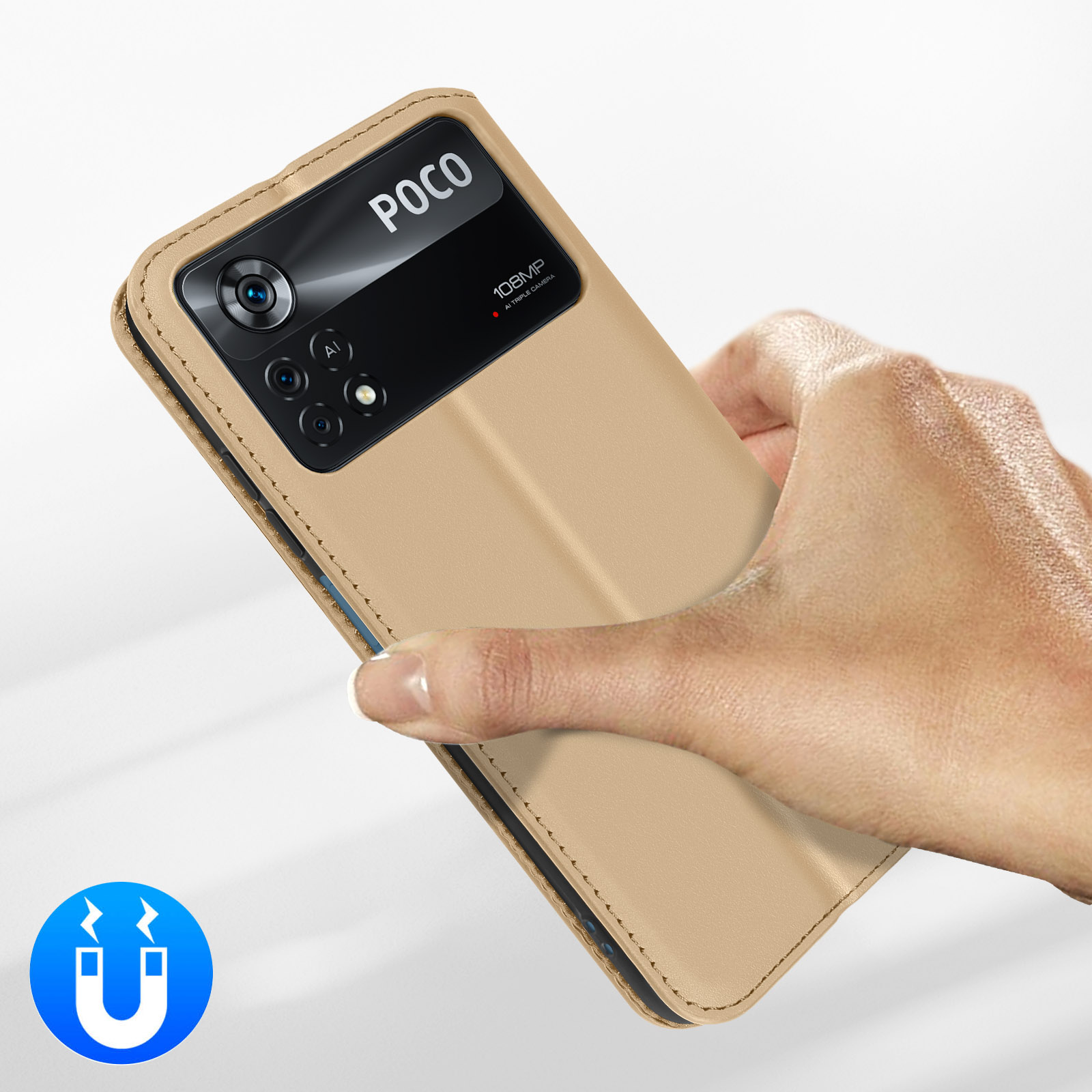 Una mano tiene una custodia per telefono beige con fotocamera POCO.