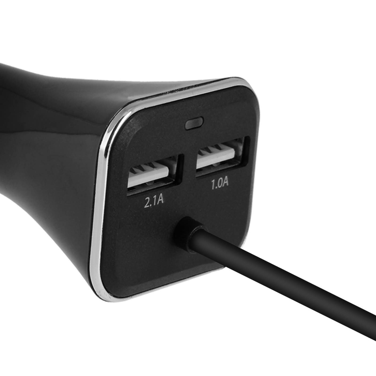 Adattatore caricabatterie per auto nero con due porte USB, una da 2,1A e l'altra da 1,0A.