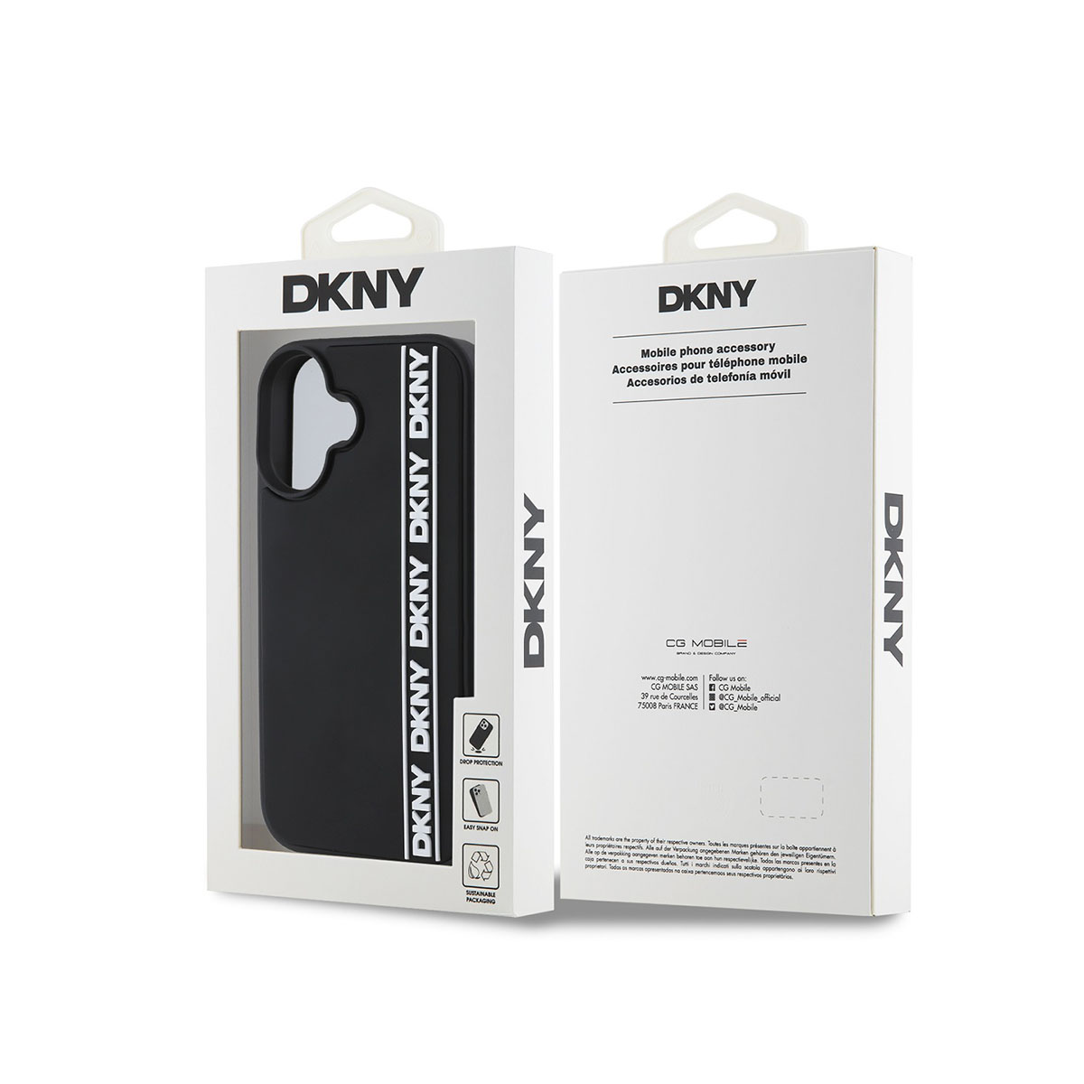 Custodia nera DKNY per telefono nella confezione, con logo e dettagli.
