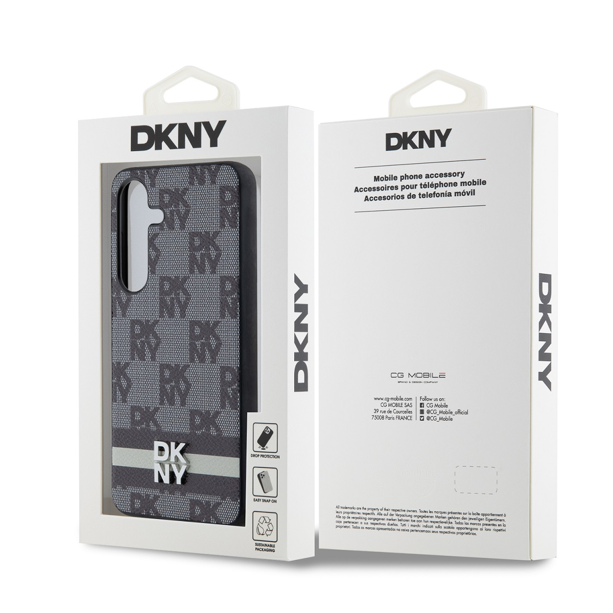 Custodia grigia DKNY per telefono con motivo monogramma in confezione.