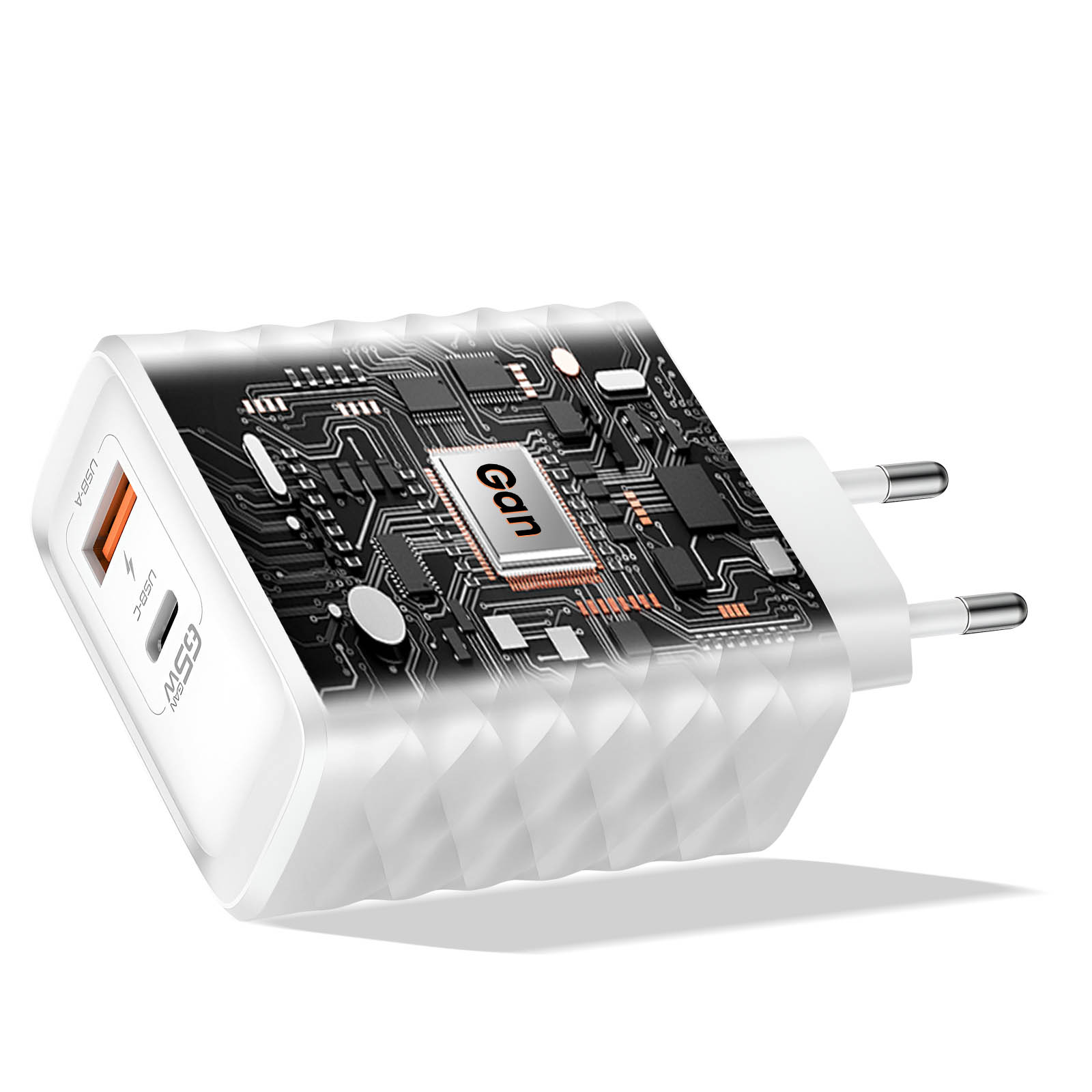Weißes 65W GaN-Ladegerät mit USB-A- und USB-C-Anschlüssen, mit Leiterplattendekor.