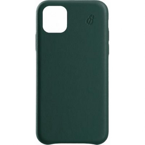 Custodia verde scuro per telefono con ritaglio bianco per fotocamera e piccolo logo di scarabeo.