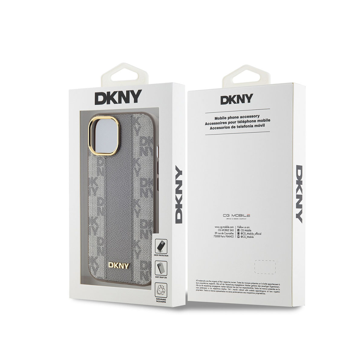 Una custodia per telefono DKNY grigia con motivo monogramma nella sua confezione.