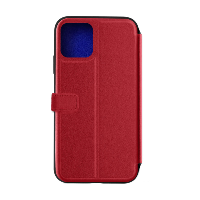 Custodia rossa in pelle a libro con chiusura magnetica e interno blu.