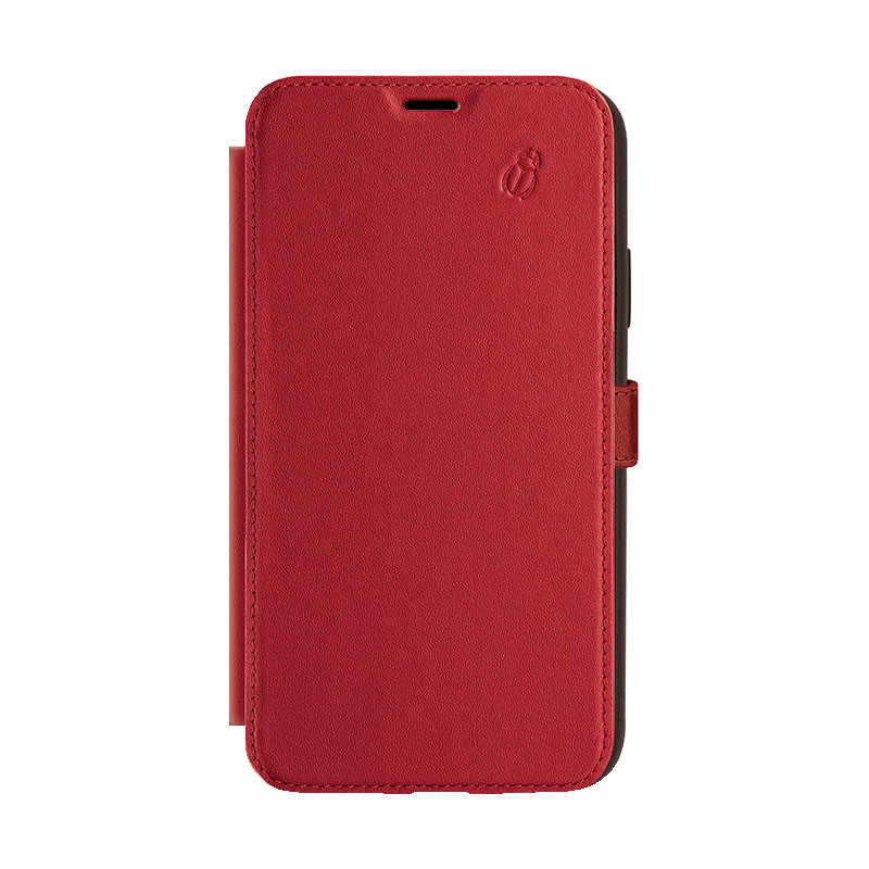 Custodia rossa aperta per telefono con piccolo logo in alto a destra.