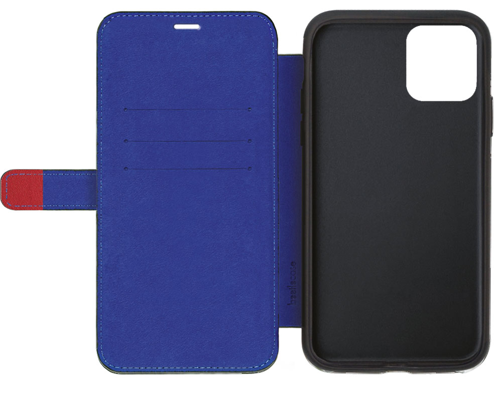 Custodia per telefono blu aperta con linguetta rossa e inserto nero.