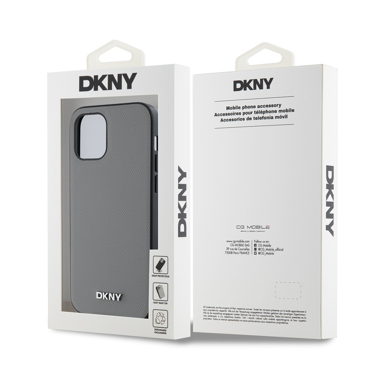 Custodia grigia DKNY per telefono in confezione con testo e caratteristiche.