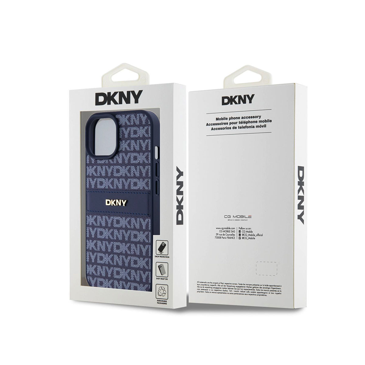 Custodia DKNY blu scuro con monogramma e logo dorato.