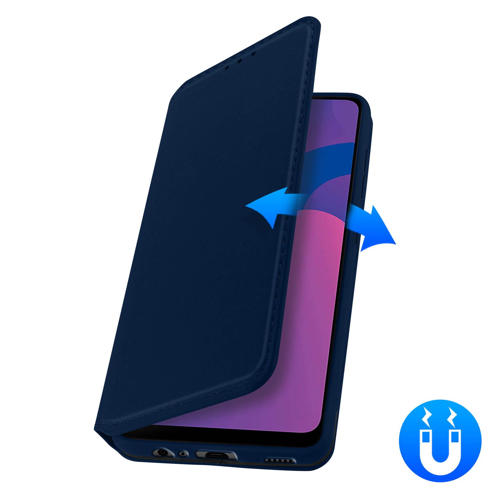 Funda de teléfono azul marino con cierre magnético, flechas indican movimiento de cierre.