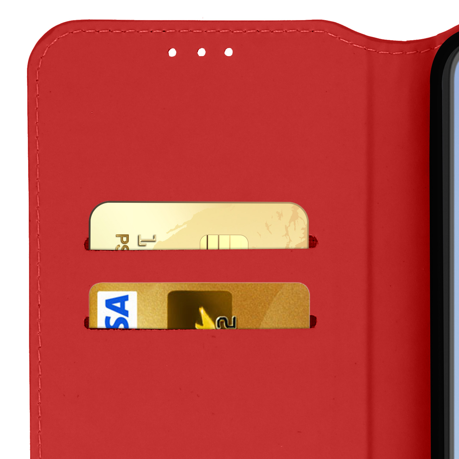 Custodia rossa per telefono con due fessure per carte. Visibili una carta dorata e una argentata.