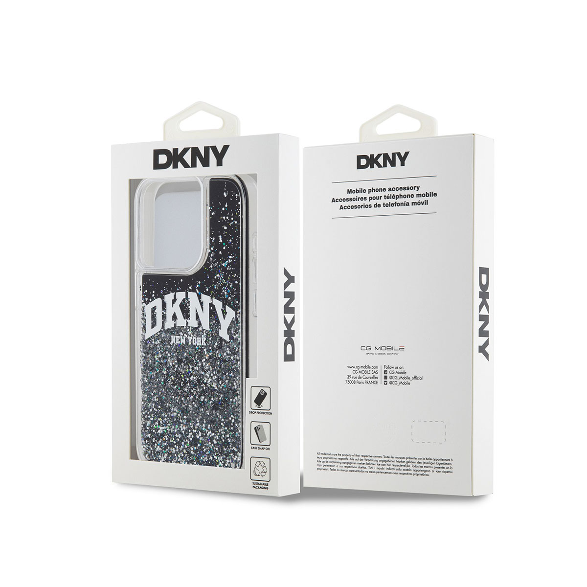 Custodia per telefono DKNY con logo DKNY e glitter su sfondo nero.