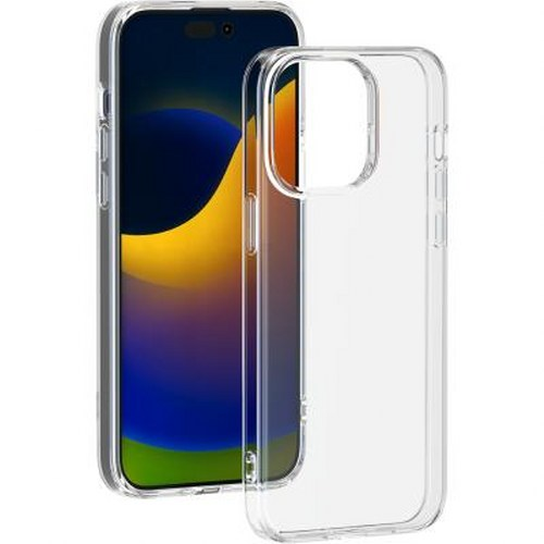 Custodia trasparente per telefono accanto a uno smartphone con sfondo colorato.