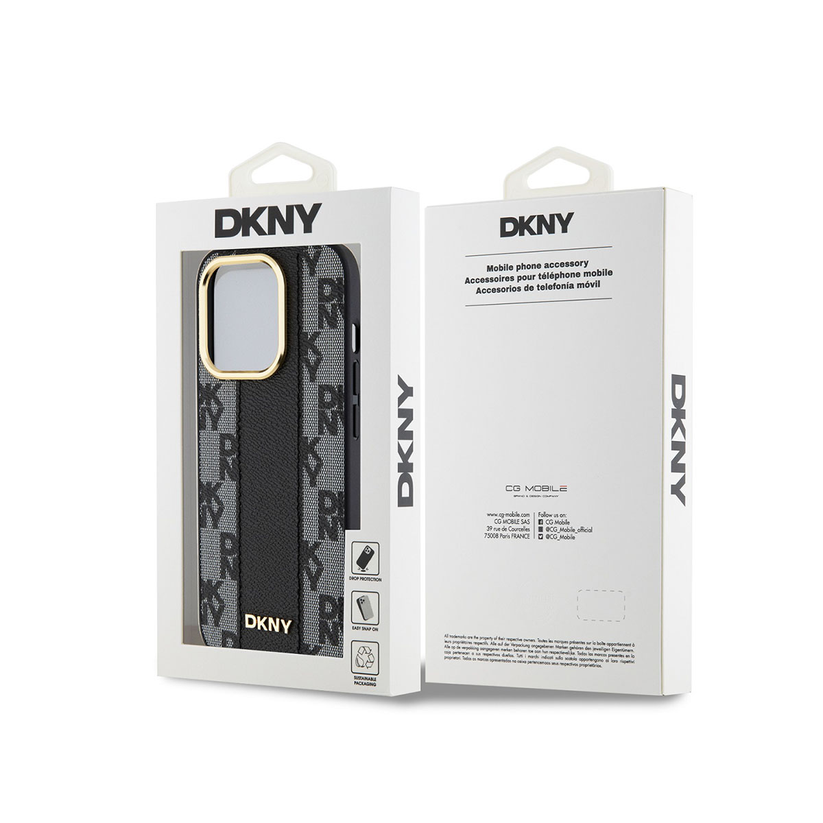 Confezione di cover per telefono DKNY con fantasia e bordo dorato.