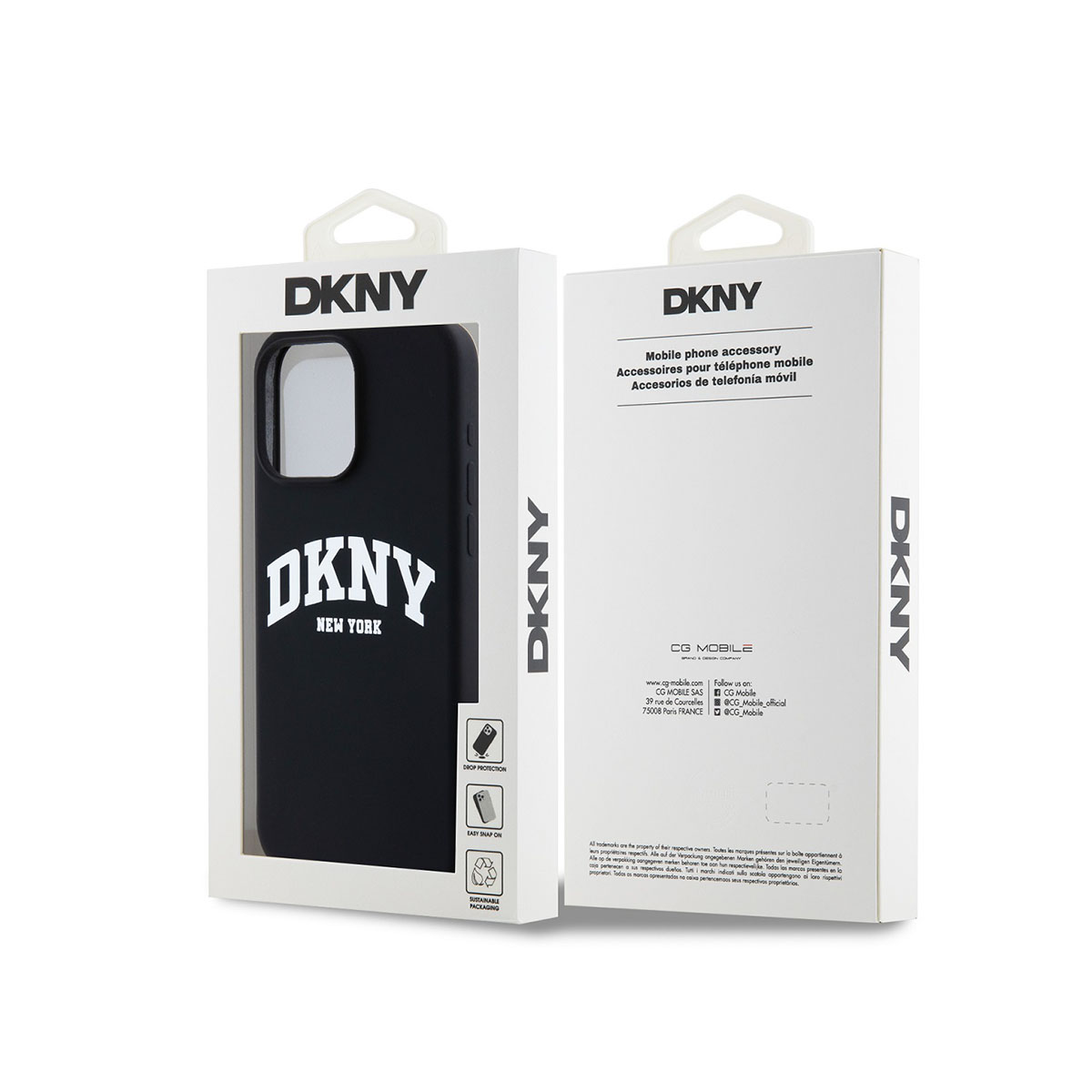 Custodia nera DKNY con scritte bianche su confezione bianca.