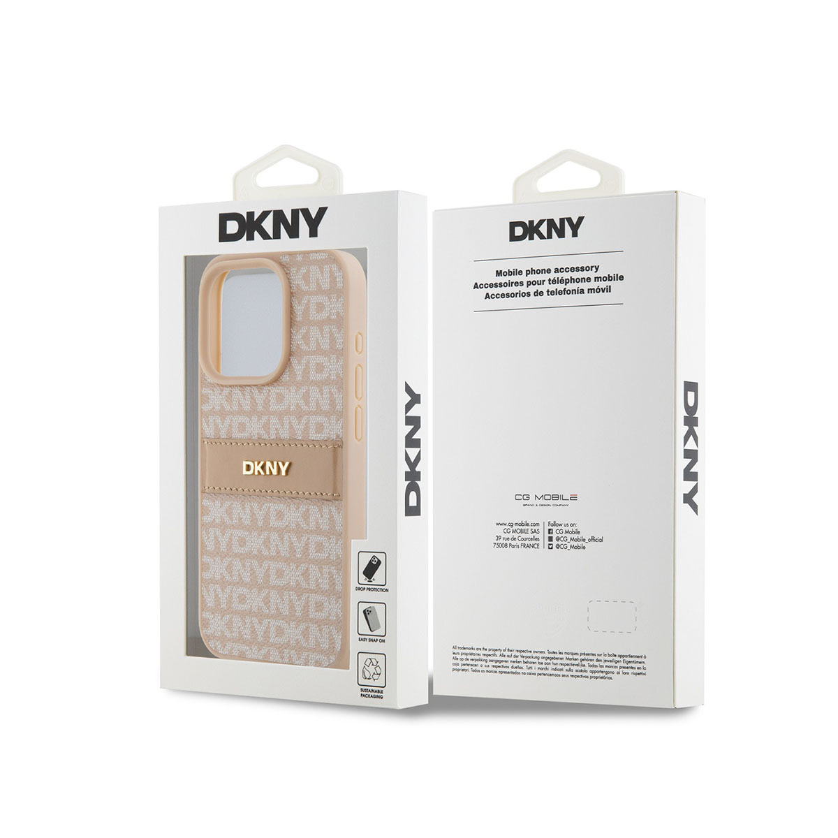 Confezione custodia telefono DKNY con motivo logo e finestra.