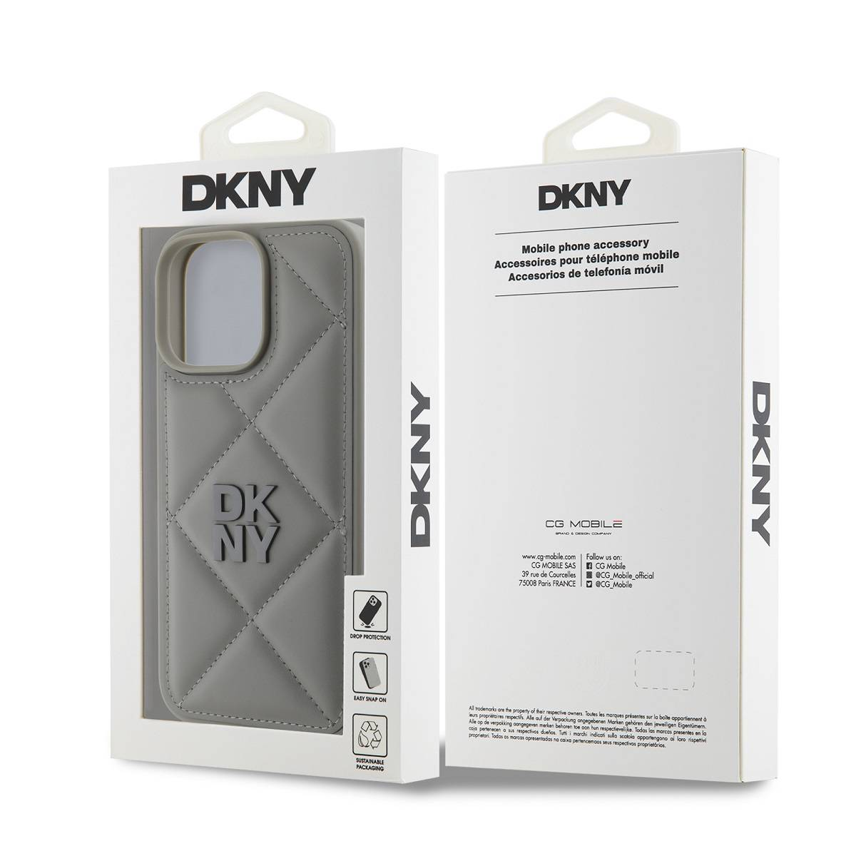 Custodia grigia DKNY per telefono con design trapuntato, confezionata. A sinistra la custodia, a destra la confezione.