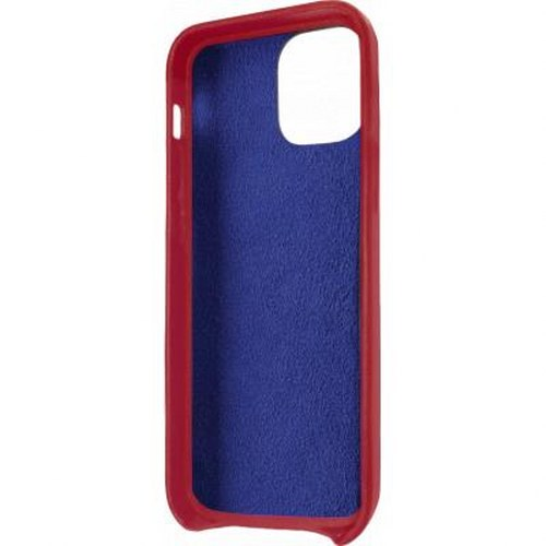 Custodia rossa per telefono con fodera blu, ritaglio bianco in alto a destra.