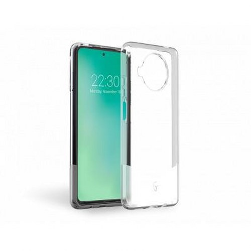 Uno smartphone con una custodia protettiva trasparente accanto.