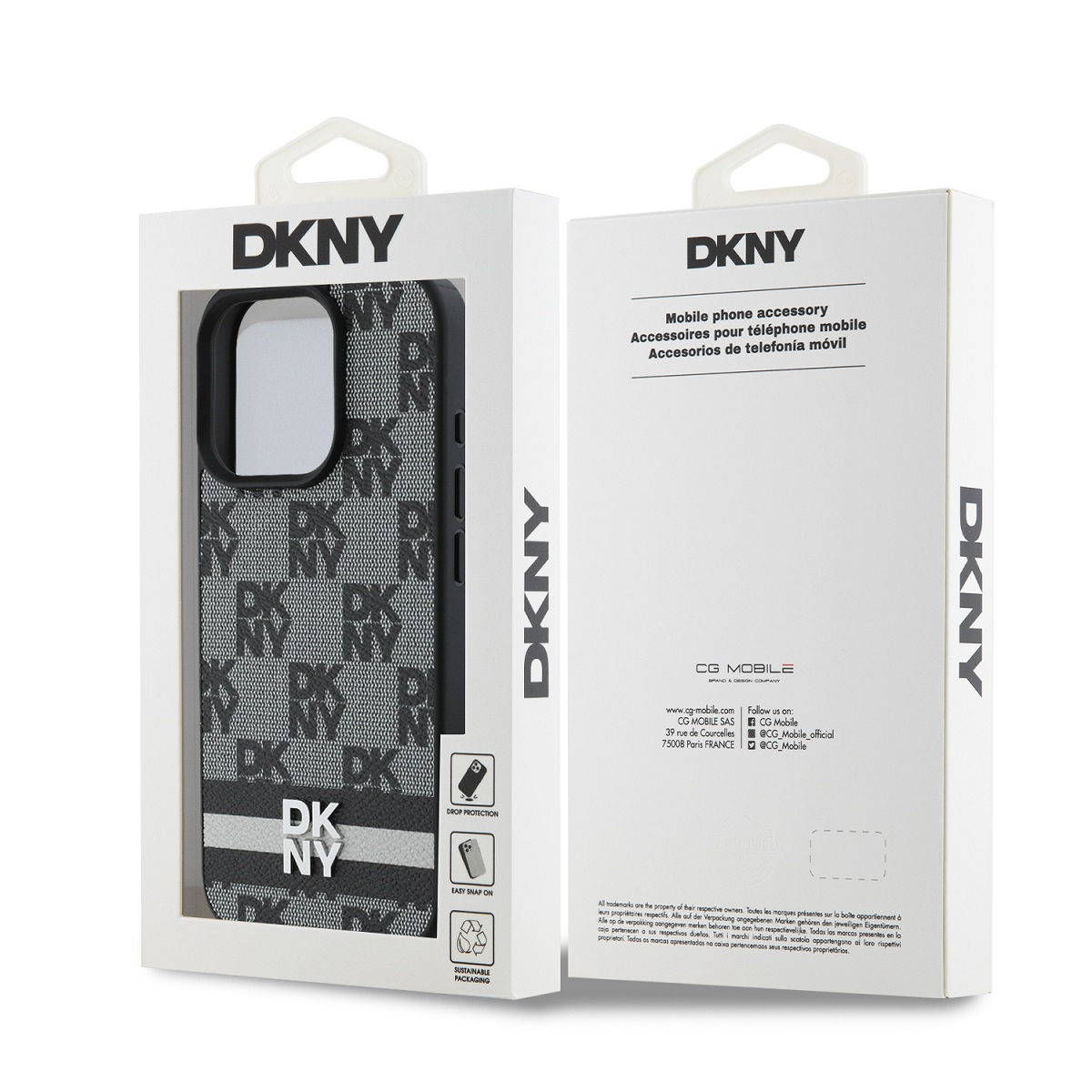 Custodia DKNY con motivo logo DKNY all-over, confezionata con info prodotto.