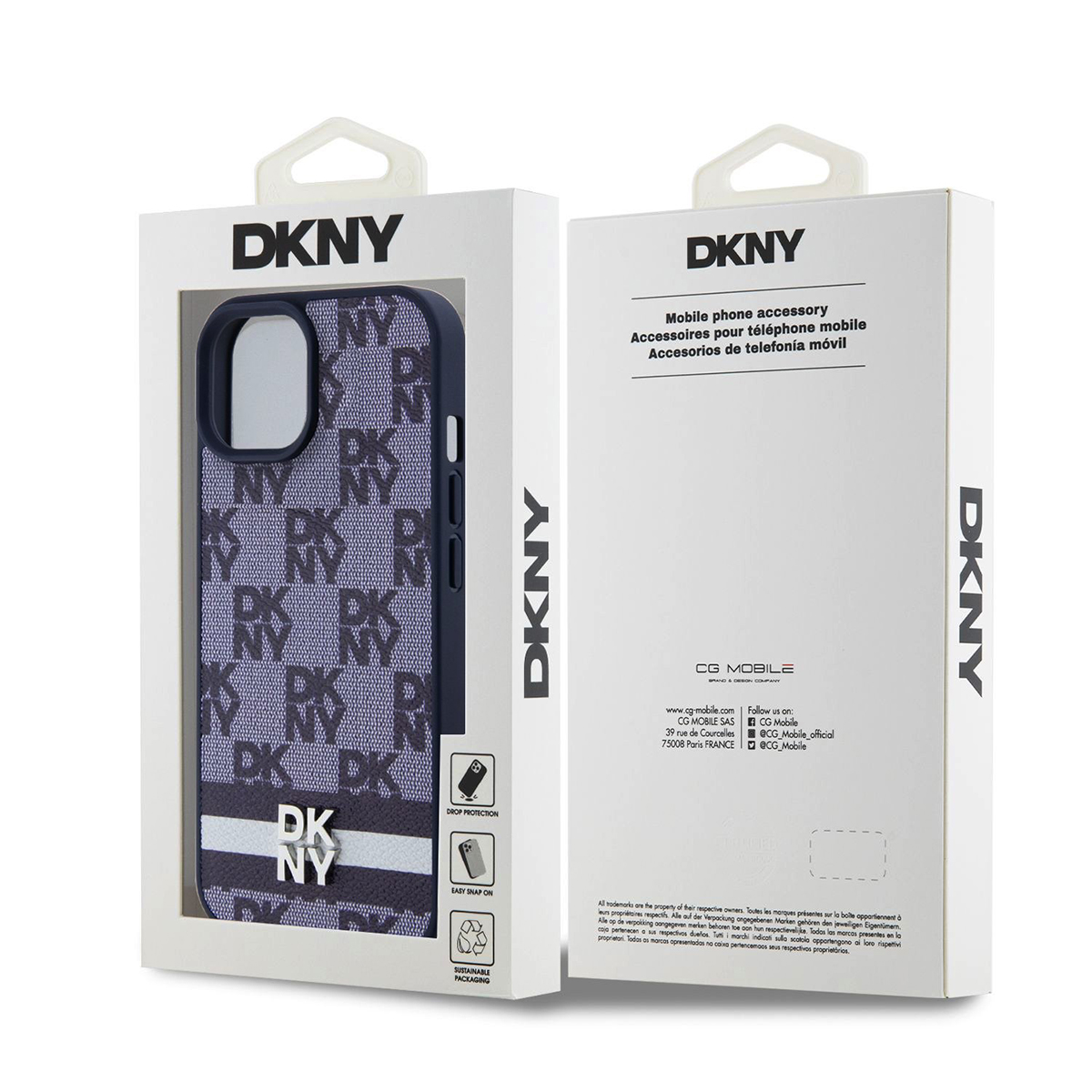 Custodia DKNY blu navy con motivo logo DKNY all-over e striscia bianca.