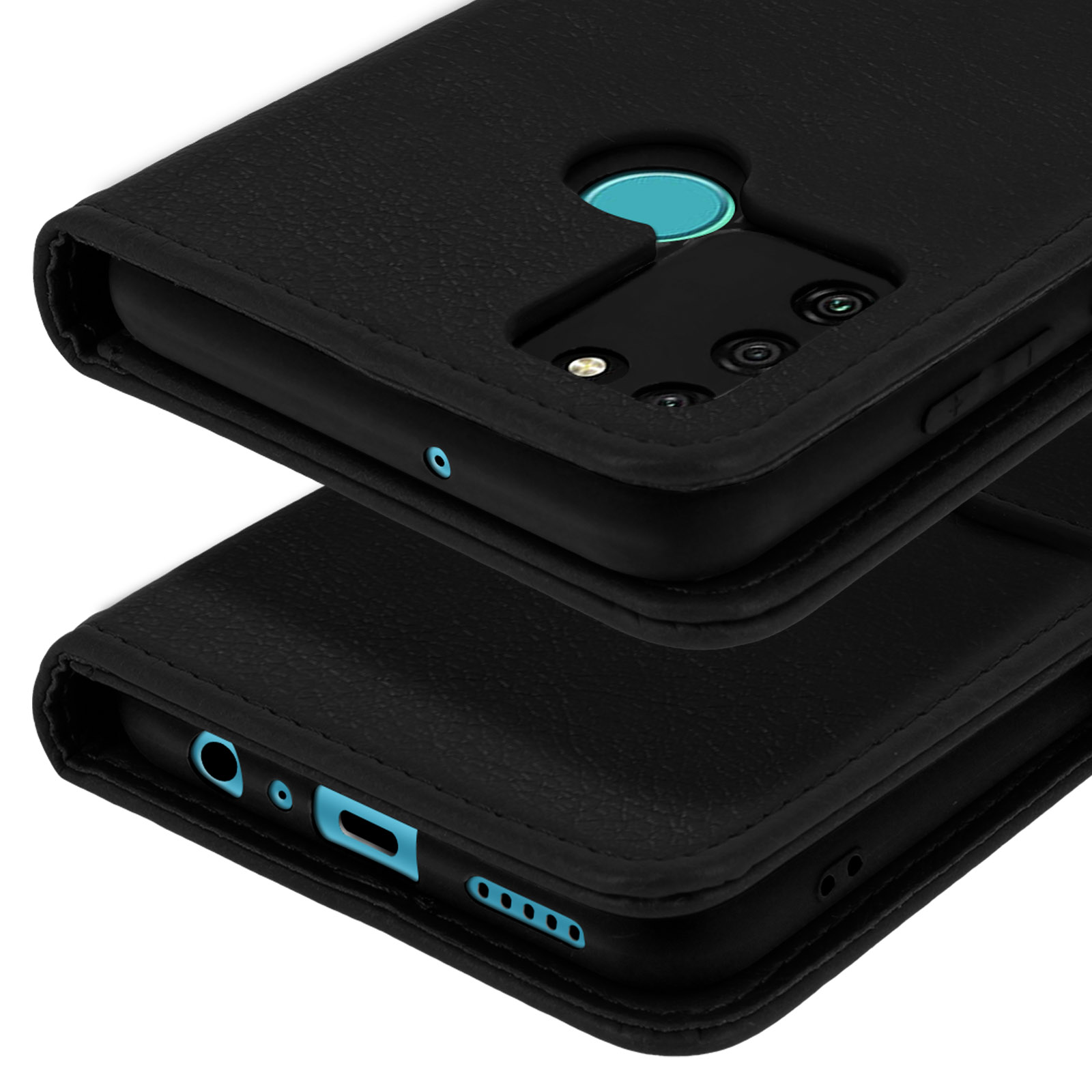 Custodia a libro in pelle nera per smartphone, con fotocamere e porte.