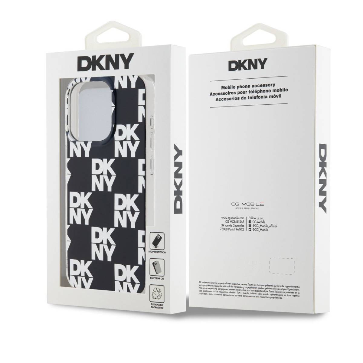 Custodia per telefono DKNY con motivo logo bianco e nero e confezione.
