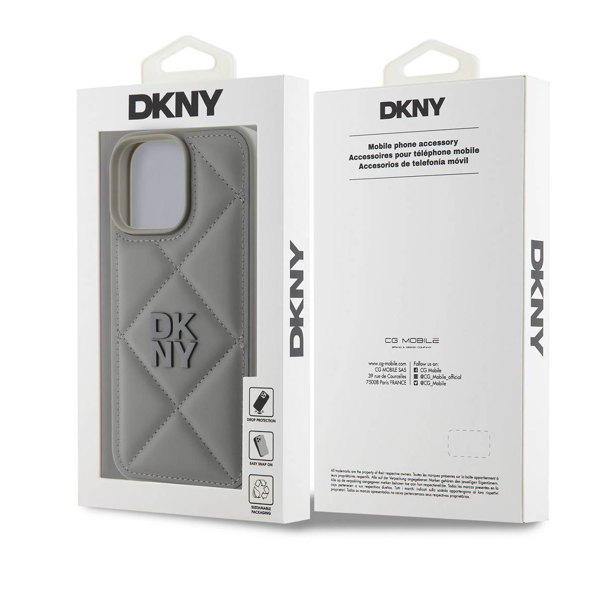 Custodia grigia DKNY per telefono con design trapuntato in confezione. Info sul lato destro.