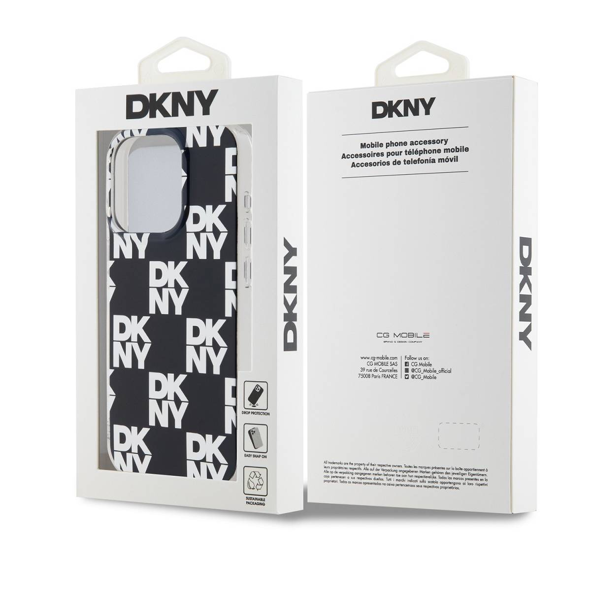 Custodia per telefono DKNY con motivo nero su confezione bianca.