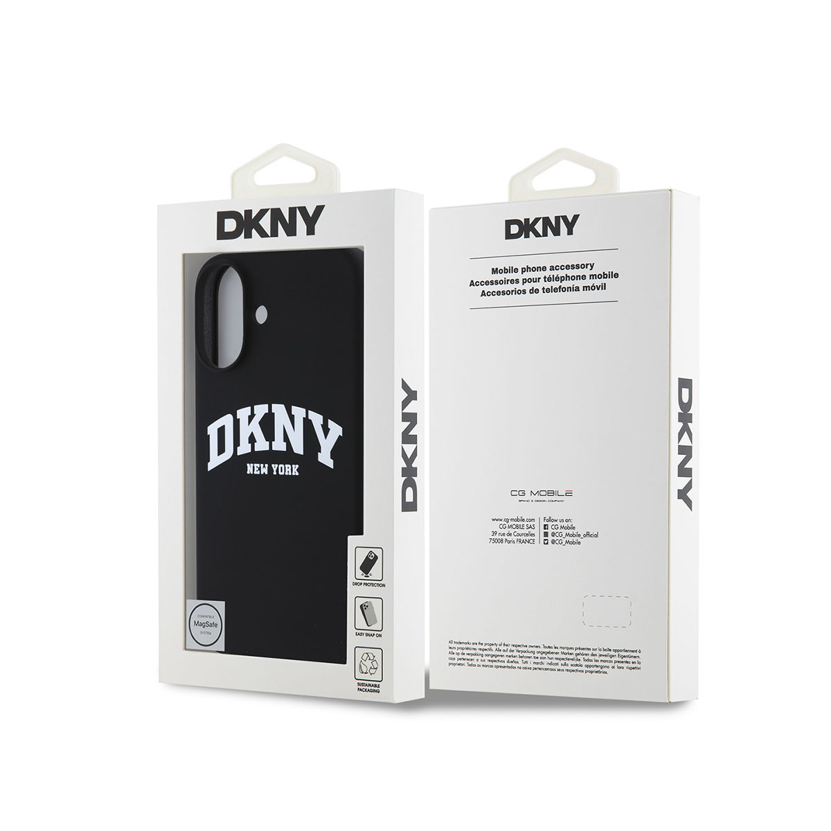 Confezione per custodia iPhone DKNY nera con logo e testo bianchi.