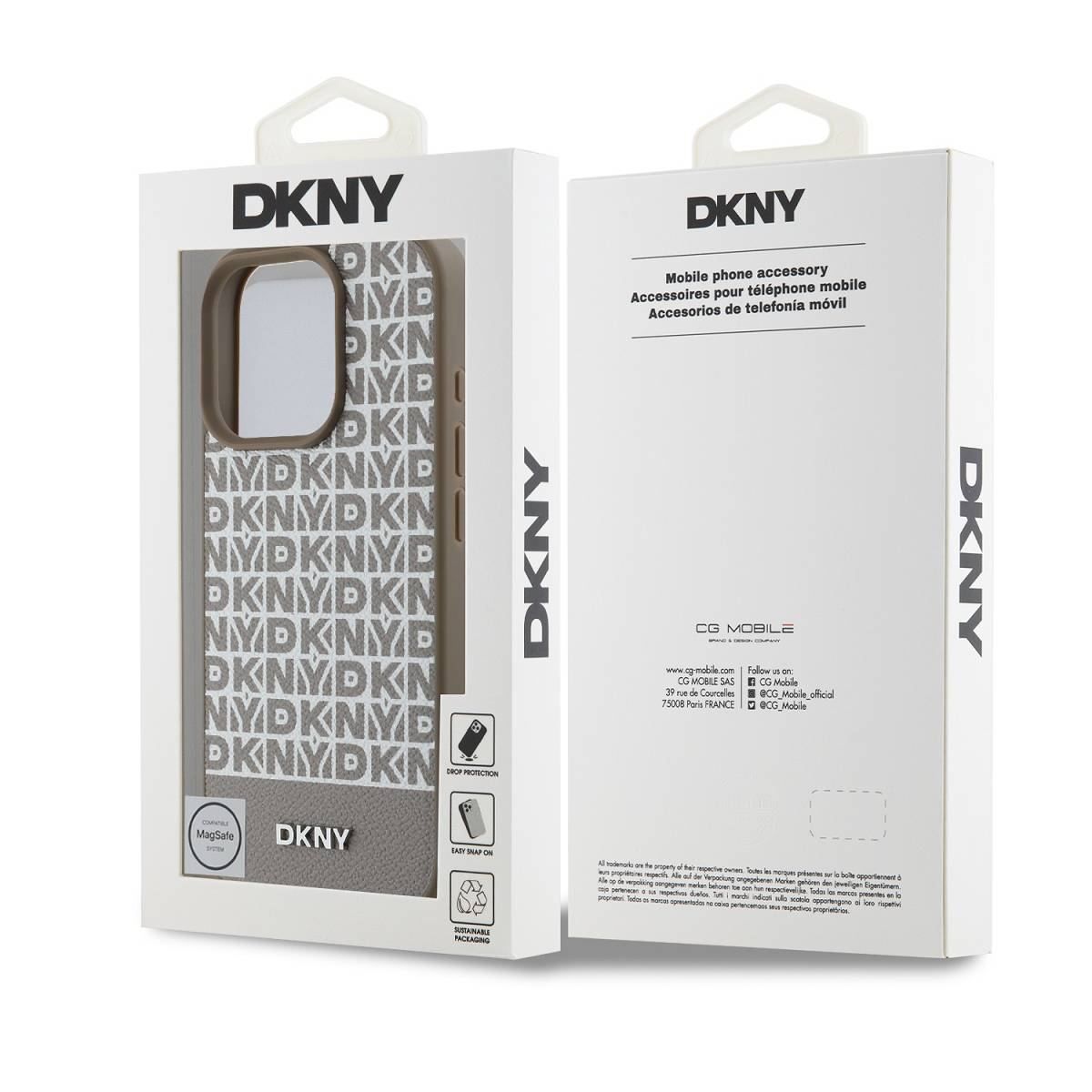 Custodia DKNY in confezione con logo e nome modello. Protezione caduta.