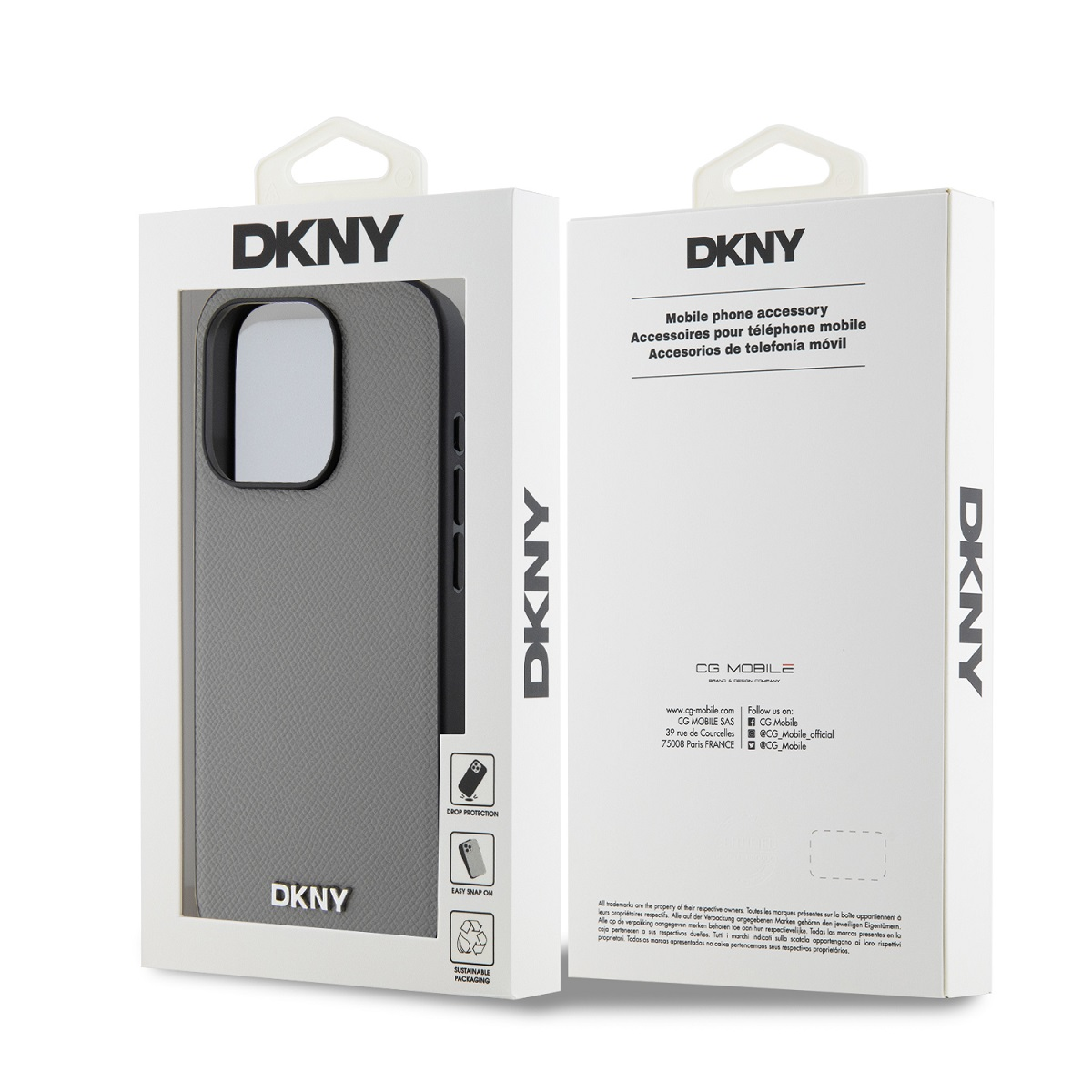 Graue DKNY Handyhülle in Verpackung mit Produktinformationen.