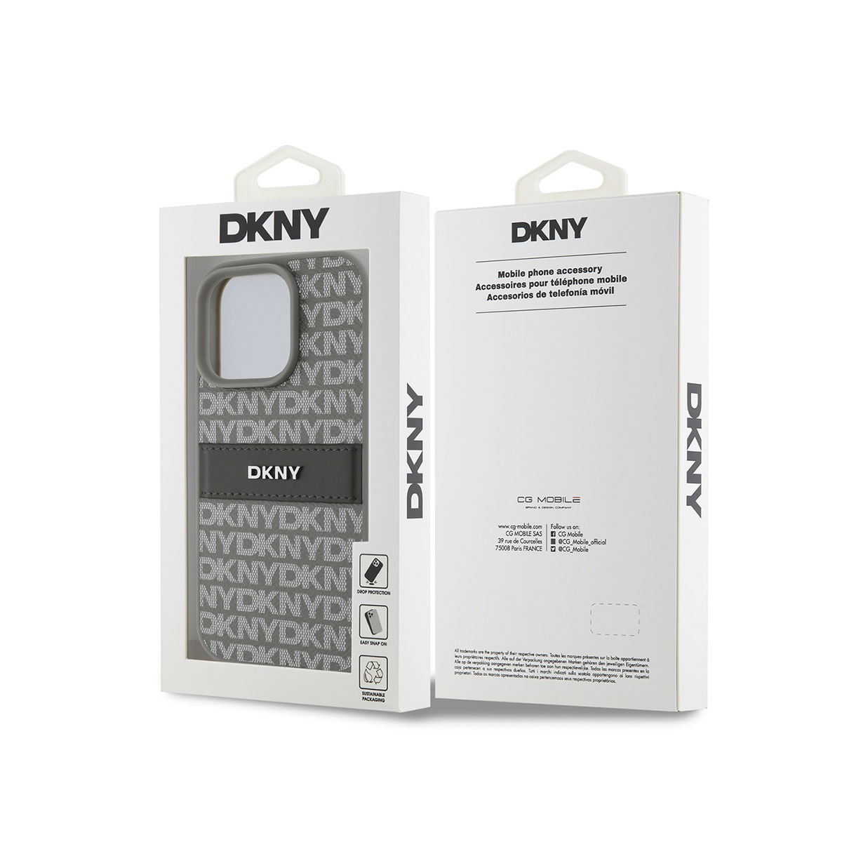 Custodia grigia DKNY per telefono in confezione con logo e informazioni prodotto.