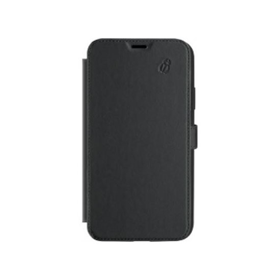 Custodia a libro in pelle nera per smartphone con piccolo logo a insetto.
