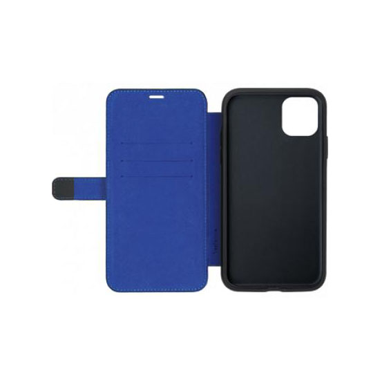 Custodia a libro blu aperta con interno nero e porta telefono.