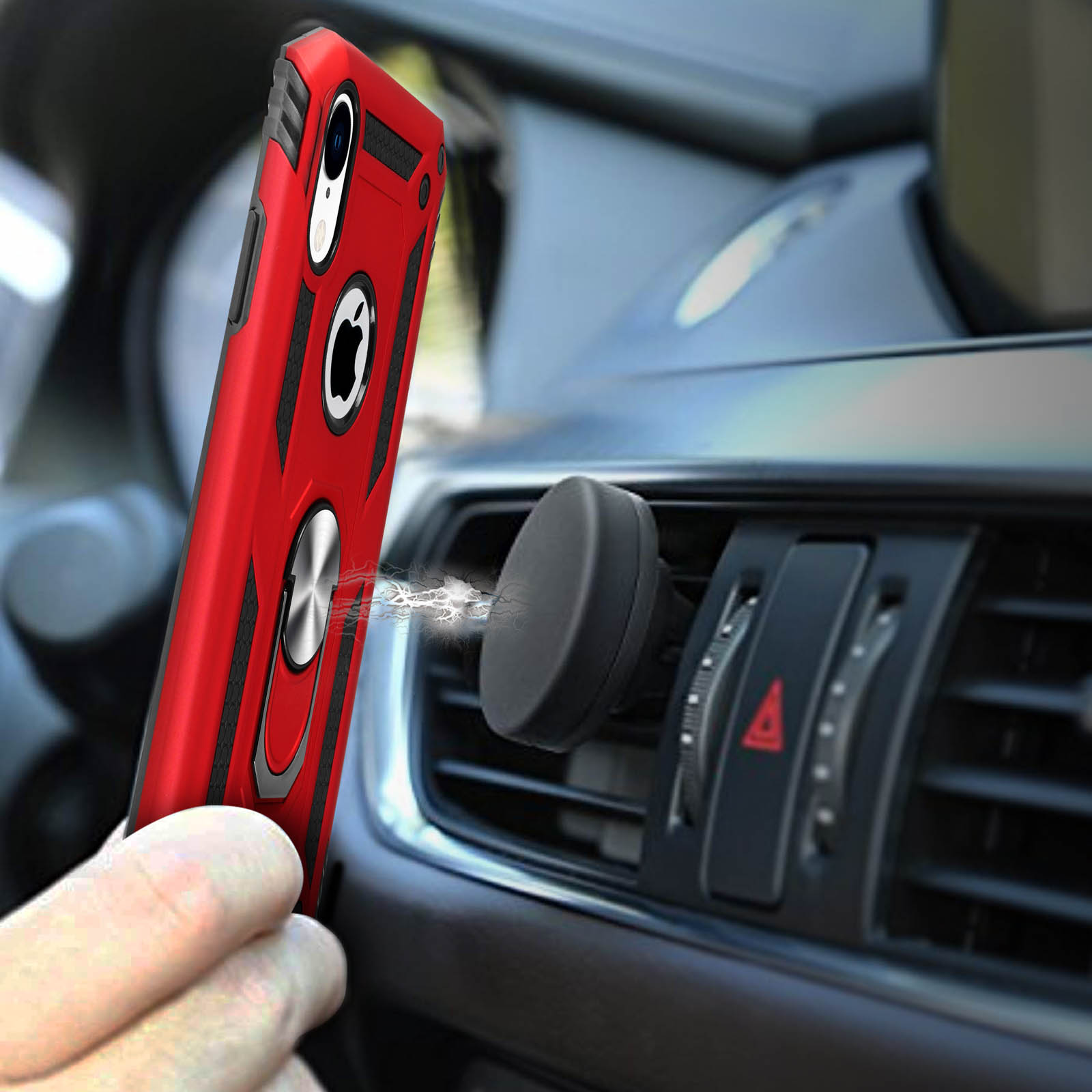 Cover rossa per telefono con anello si aggancia al supporto magnetico per bocchetta auto.