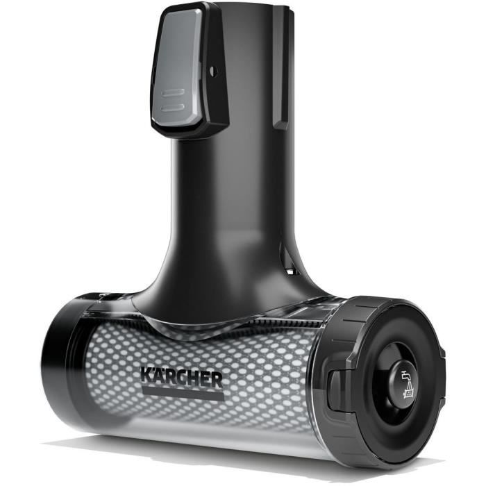 Un accesorio de aspiradora Karcher negro con contenedor transparente y patrón de rejilla.