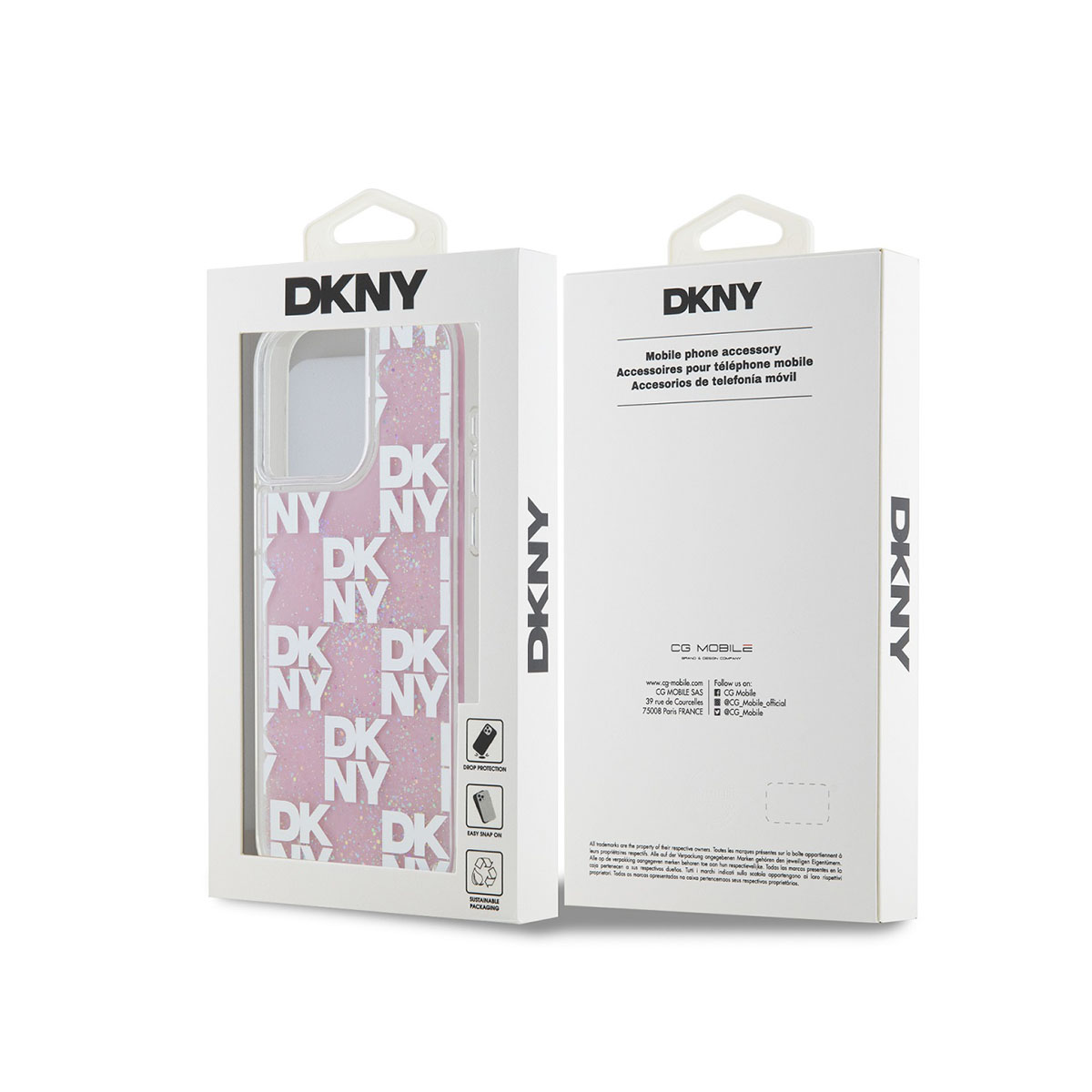 Confezione custodia telefono DKNY con motivo logo DKNY rosa e finestra trasparente.