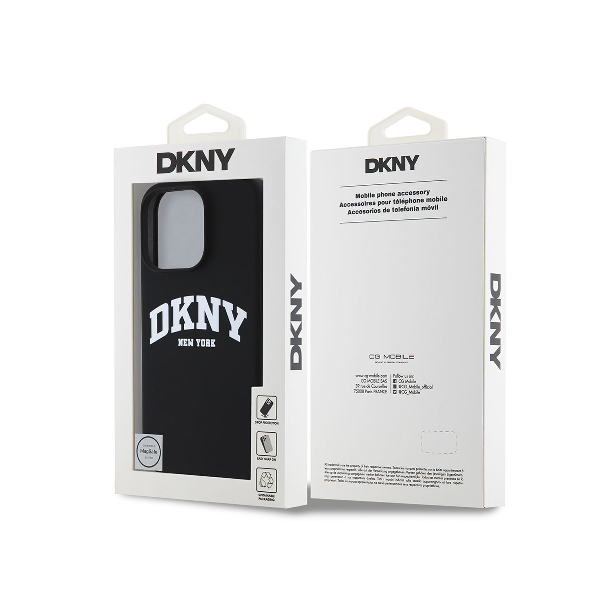 Custodia nera DKNY con testo "DKNY NEW YORK" su confezione bianca.