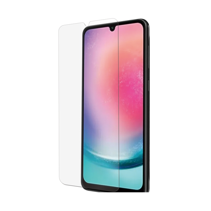 Uno smartphone con proteggi schermo davanti al display, sfondo bianco.