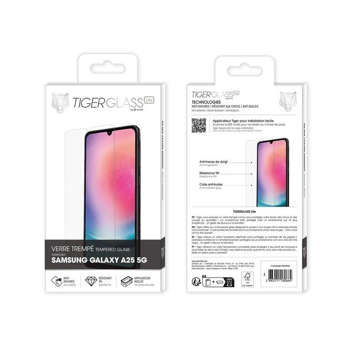 Protezione schermo Tiger Glass Lite per Samsung Galaxy A25 5G con applicatore.