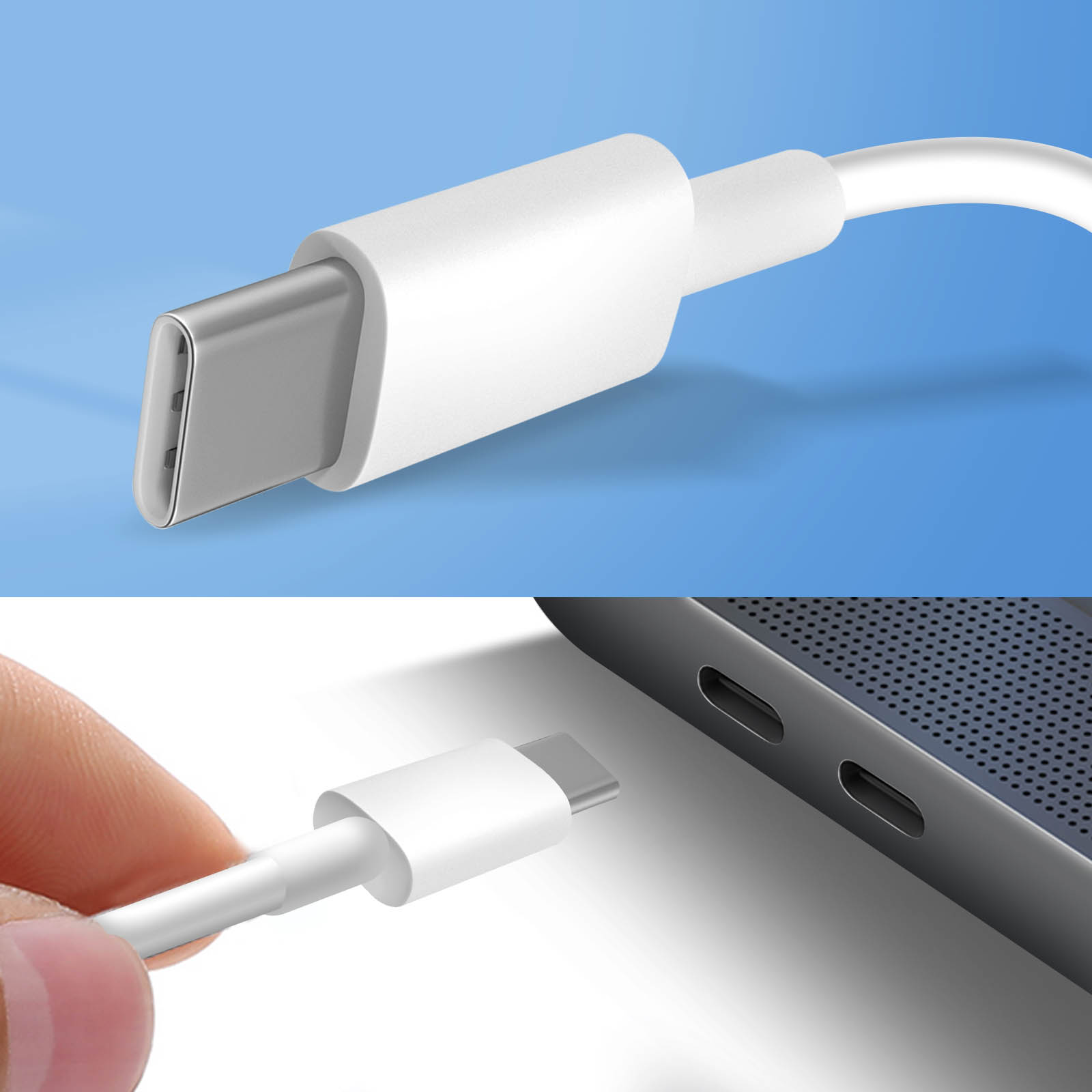 Un connecteur de câble USB-C blanc est inséré dans un appareil gris foncé.