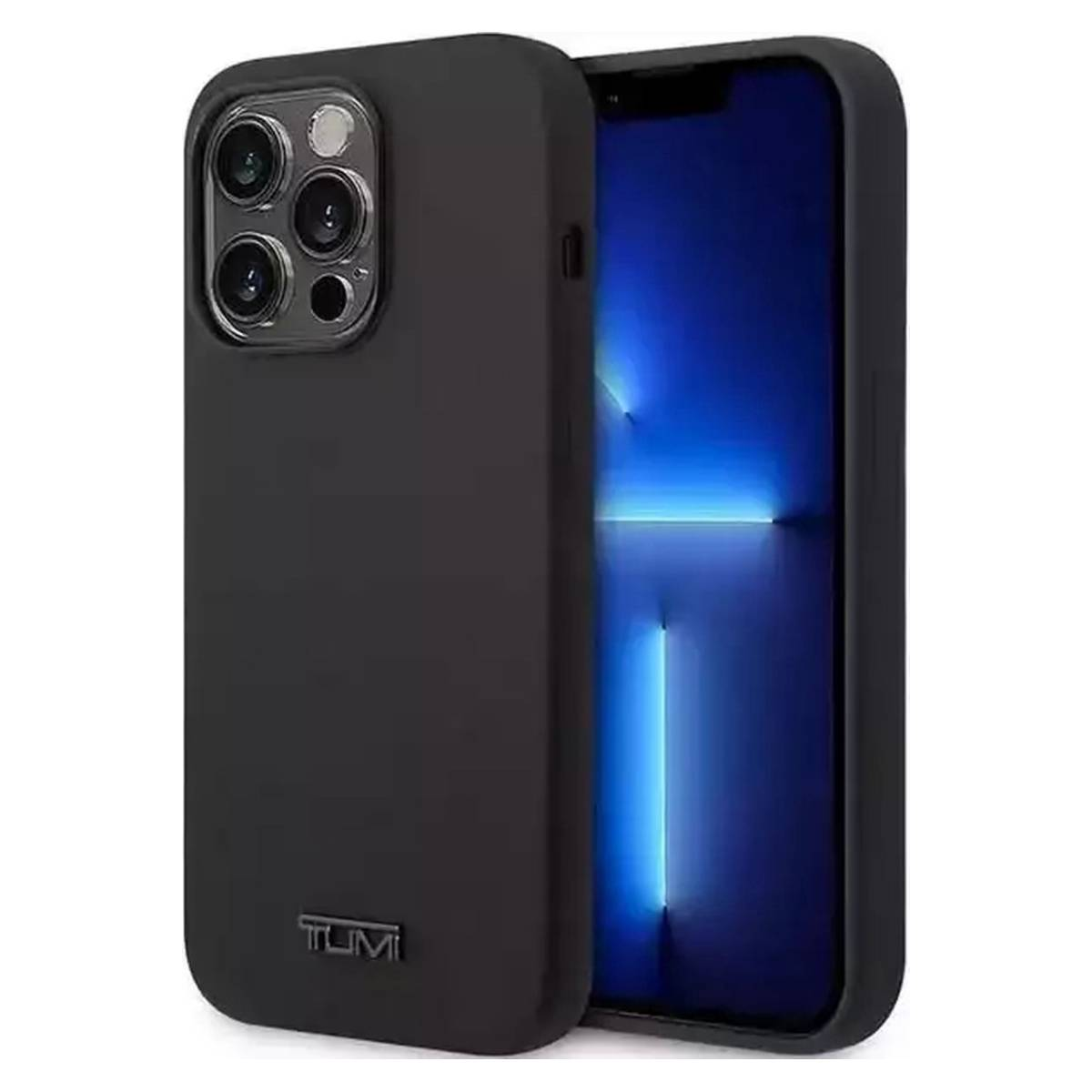 Un telefono nero con quattro fotocamere e uno schermo blu.
