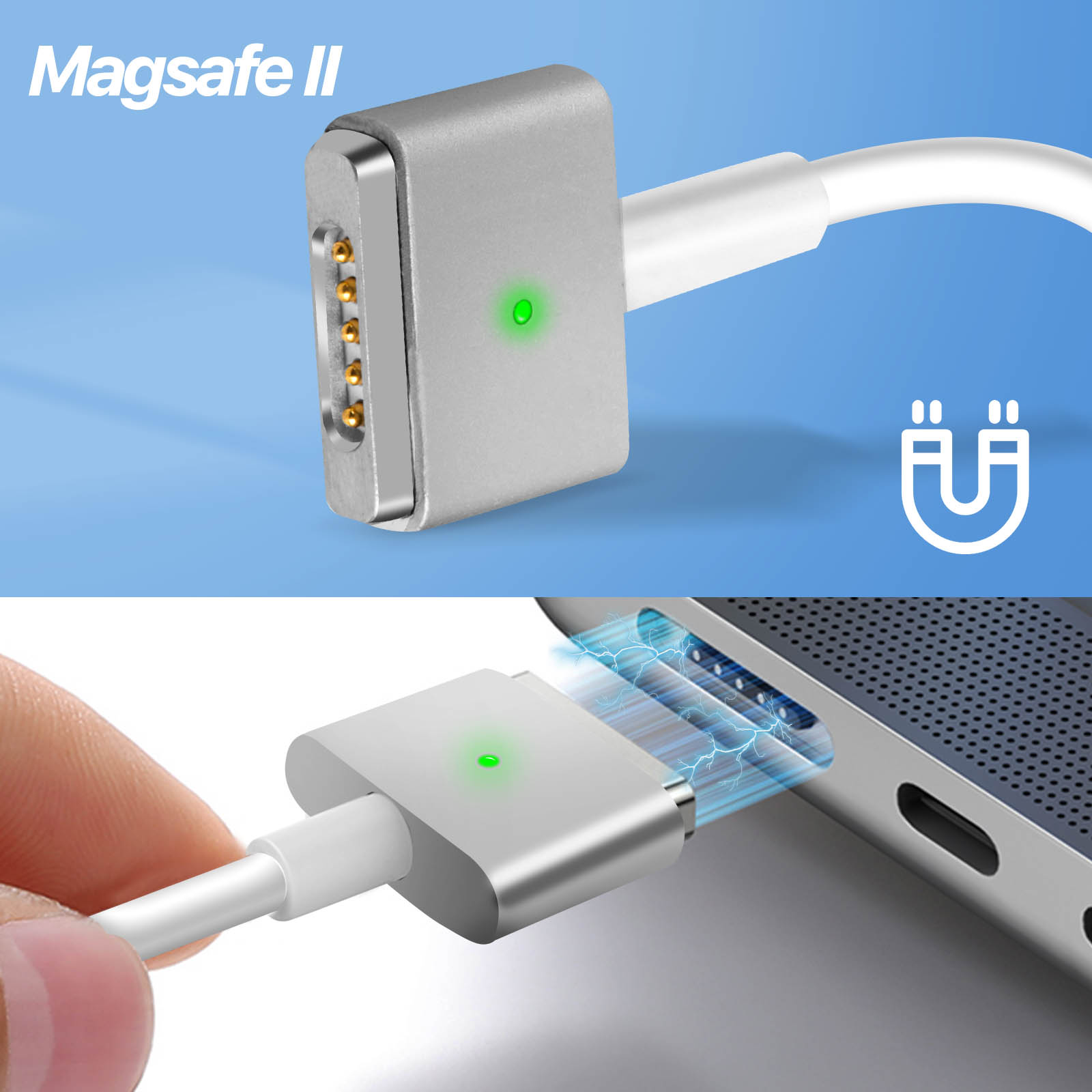 Un adaptateur de charge MagSafe II argenté est branché sur un ordinateur portable.