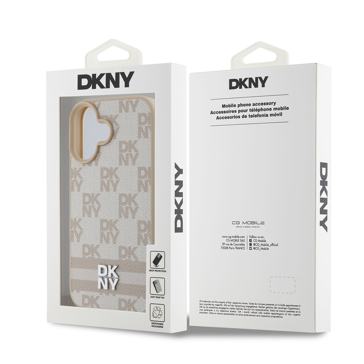 Due scatole di custodie per telefono DKNY. Una mostra la custodia, l'altra le informazioni sul prodotto.