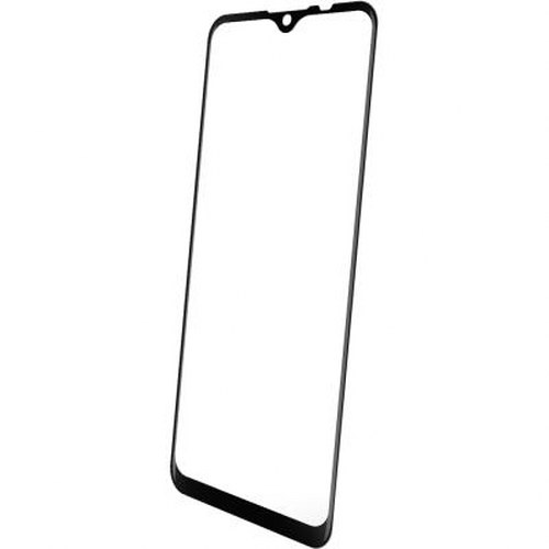 Una protezione schermo in vetro nero per smartphone, isolata su sfondo bianco.