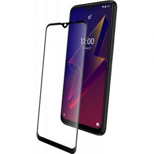 Uno smartphone con una protezione per lo schermo accanto su sfondo bianco.