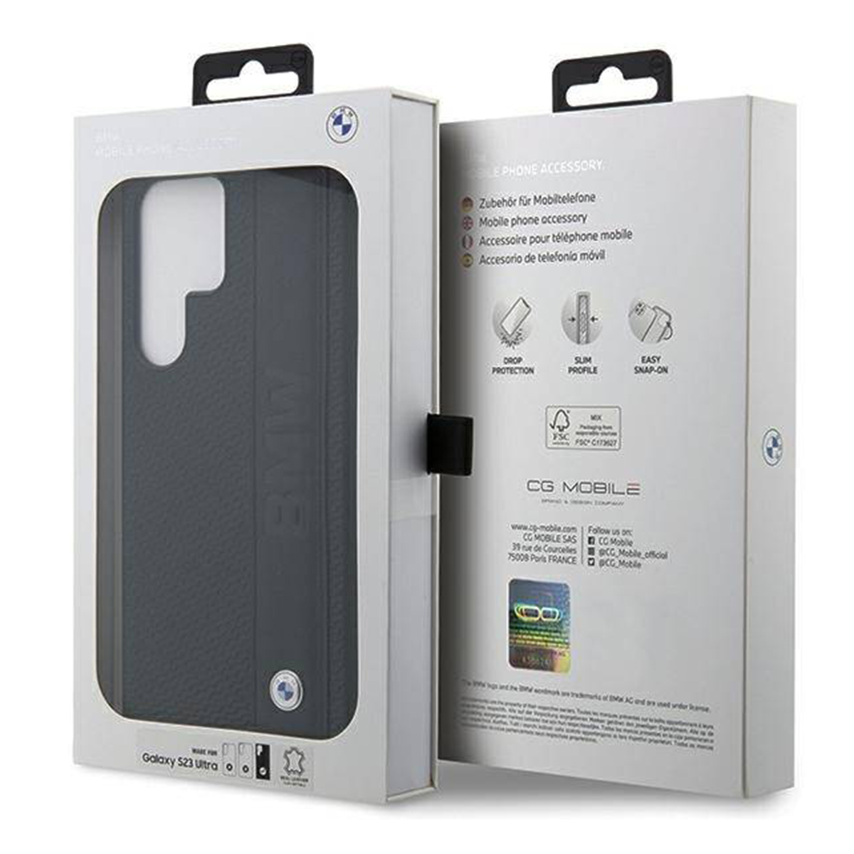 Custodia per telefono BMW per Galaxy S23 Ultra grigia, in scatola aperta.