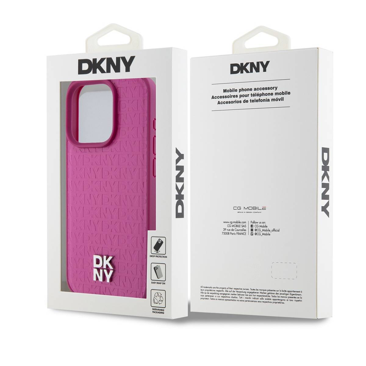 Una cover rosa DKNY con motivo logo ripetuto in confezione bianca.