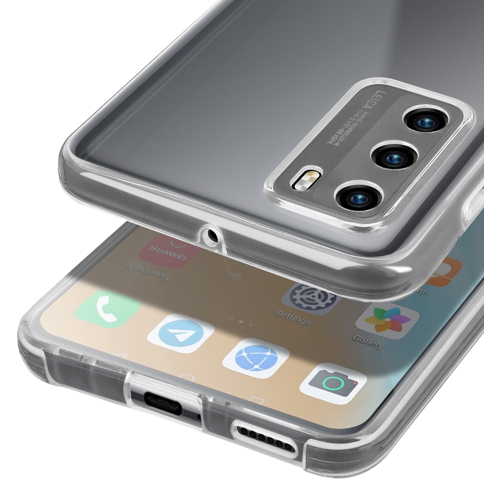 Transparante hoes op smartphone met Leica-camera en app-pictogrammen.